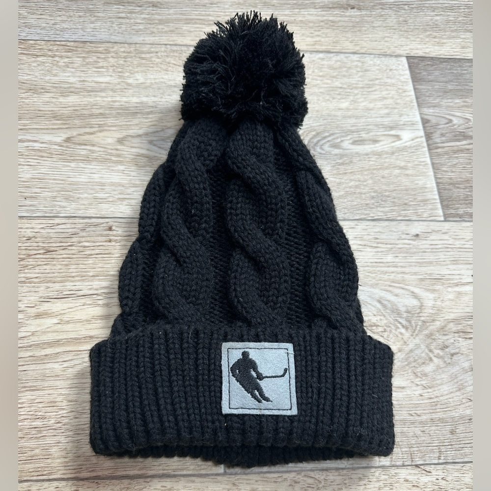 Hockey Cable Knit Hat Hockey Mom Sister Player Hat Black Pompom Slouchy D184
